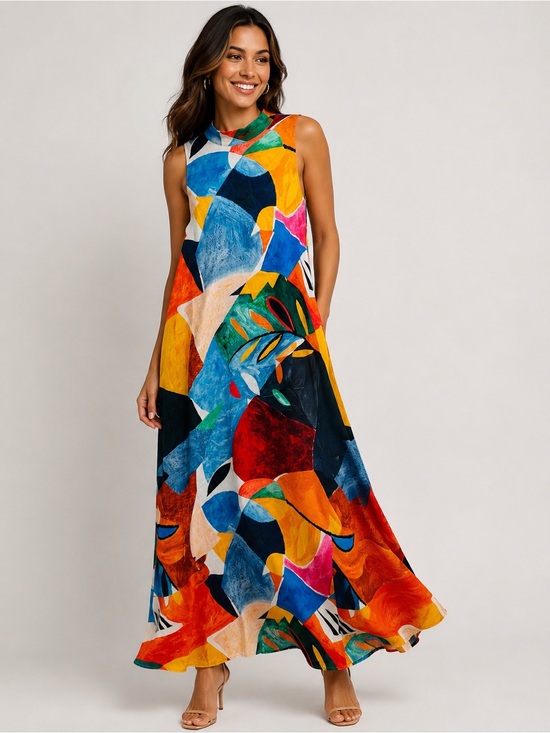 Nicole Miller Dresses & Skirts - Nicole Miller Abstract Print Mock Neck Sleeveless Maxi Dress Multicolor Sz M